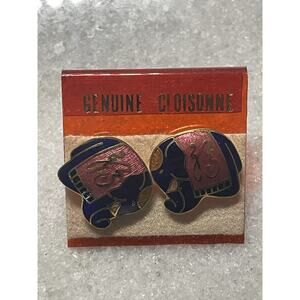 Vintage Genuine Cloisonne Elephant Earrings Pierced Stud Gold Tone Blue Pink